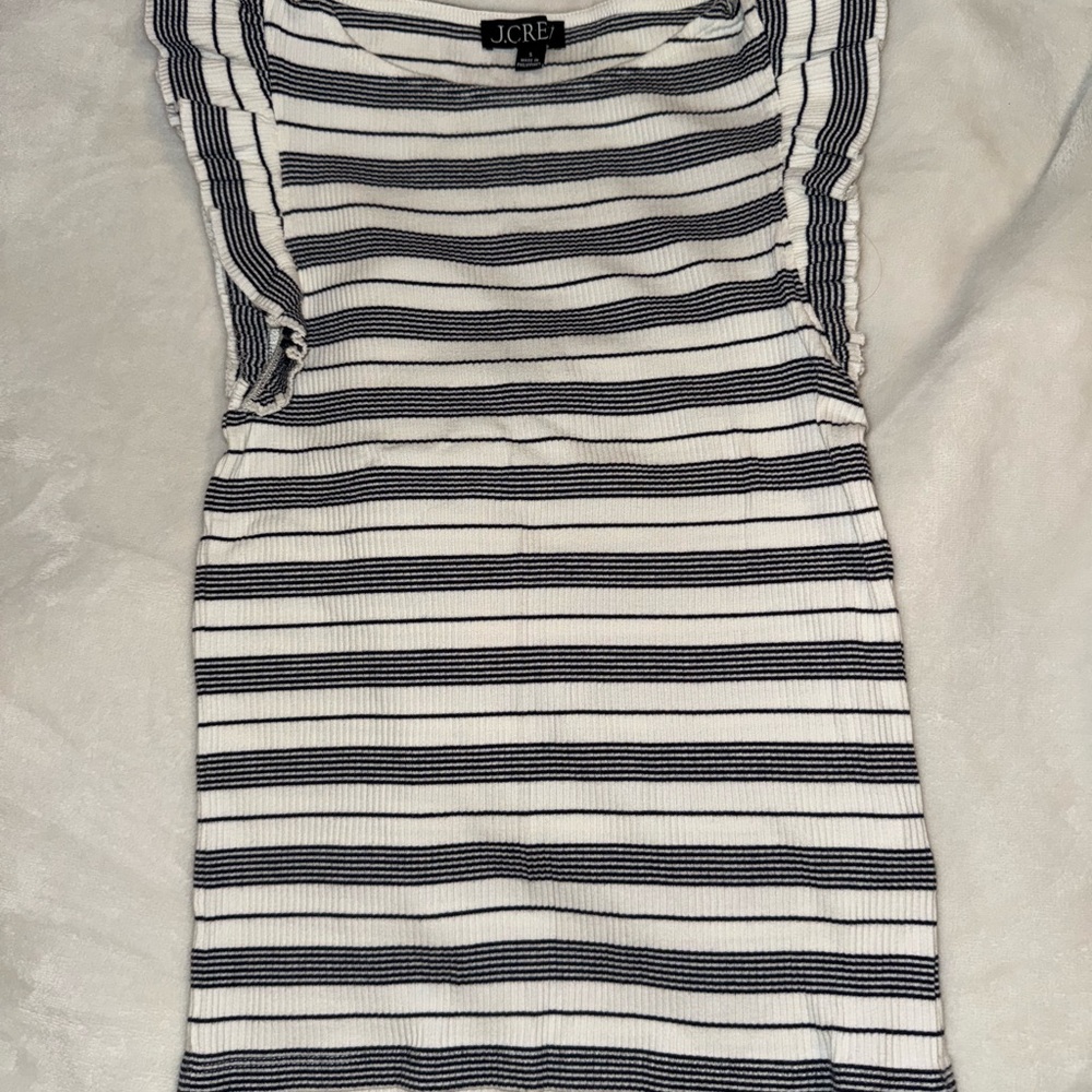 J. Crew Black and White Striped Top With Ruffle Cap Sleeves
